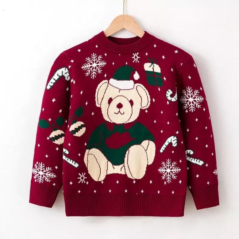 2Y-6Y Teddy Bear Print Sweater Winter Crew Neck Knit Top